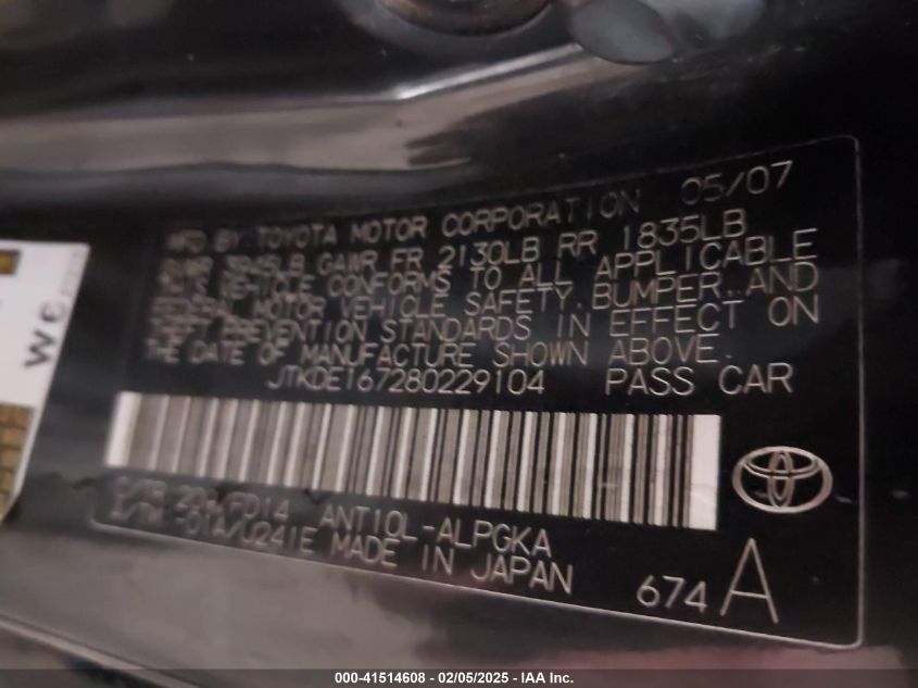 2008 Scion Tc VIN: JTKDE167280229104 Lot: 41514608