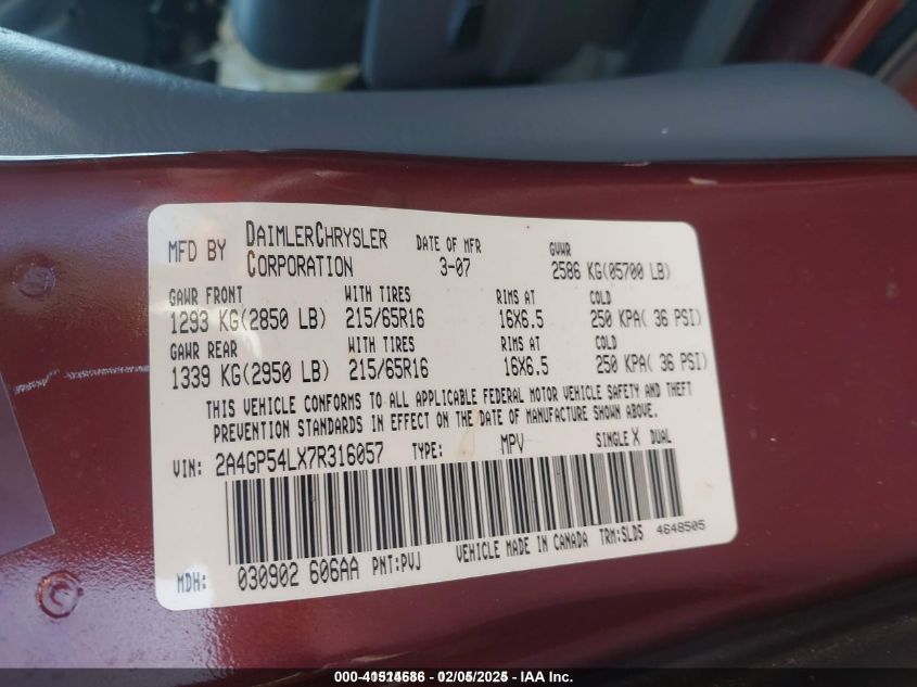 2007 Chrysler Town & Country Touring VIN: 2A4GP54LX7R316057 Lot: 41514686