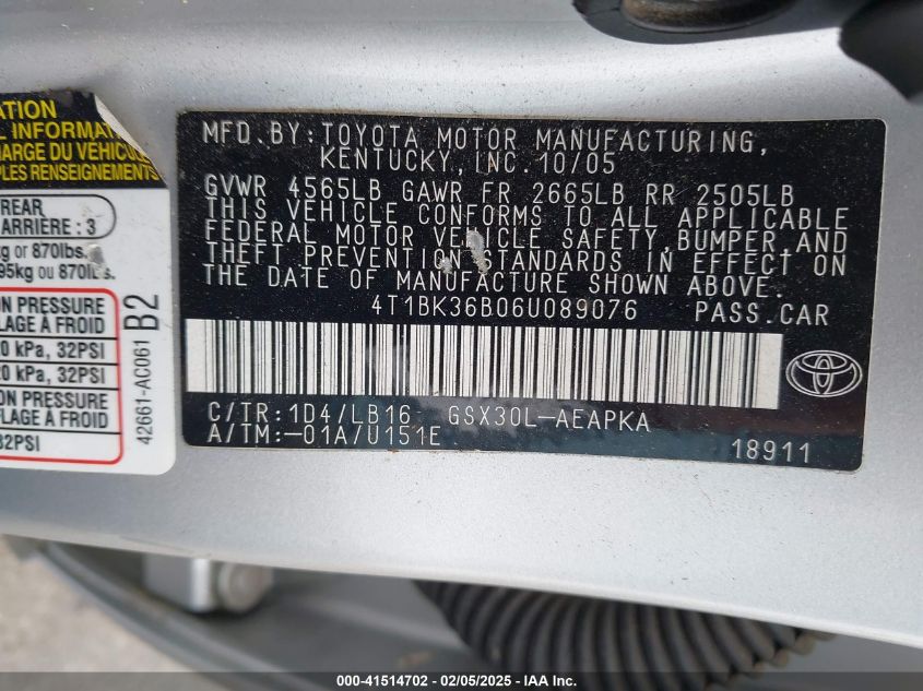 2006 Toyota Avalon Limited/Touring/Xl/Xls VIN: 4T1BK36B064089076 Lot: 41514702