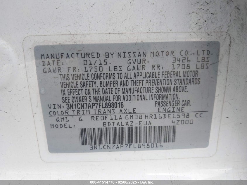2015 NISSAN VERSA VIN: 3N1CN7AP7FL898016