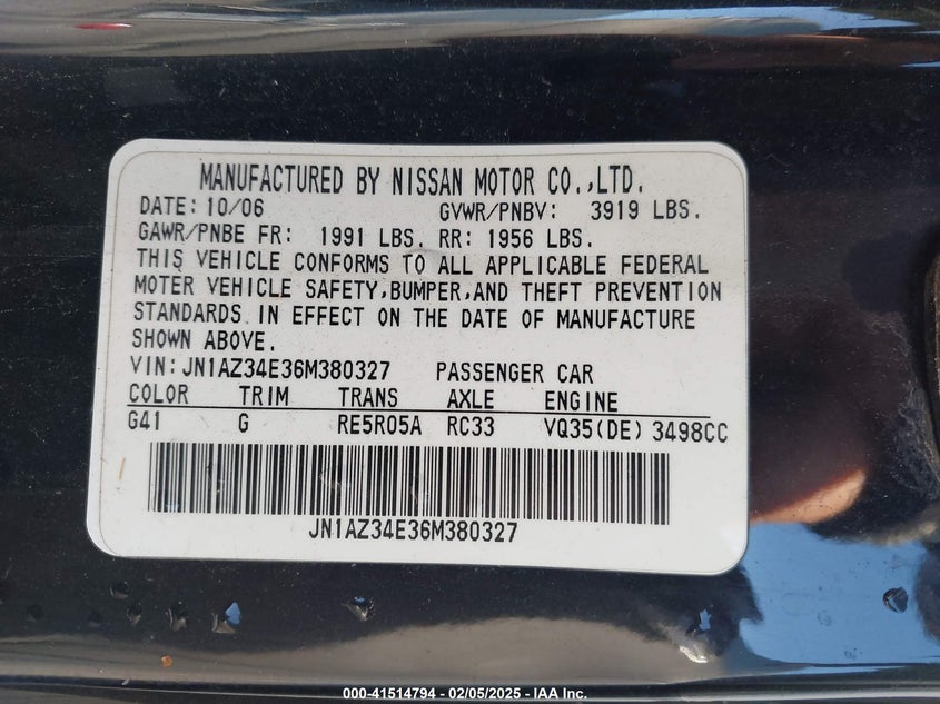 2006 NISSAN 350Z VIN: JN1AZ34E36M380327