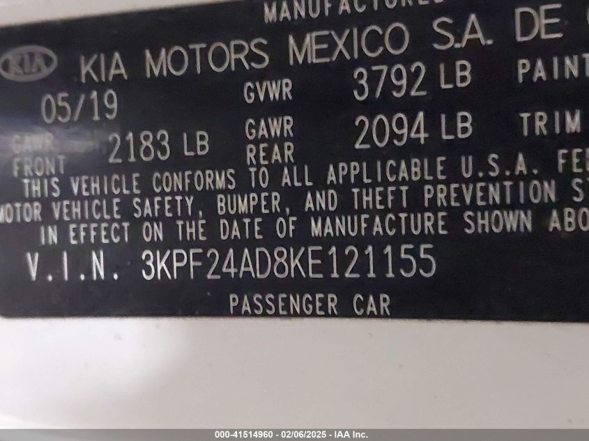 2019 Kia Forte Lxs VIN: 3KPF24AD8KE121155 Lot: 41514960