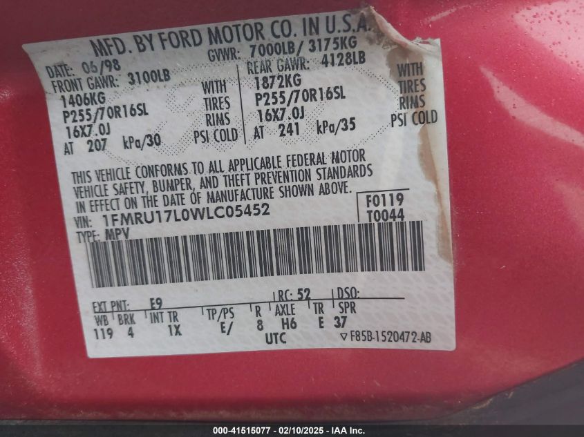 1998 Ford Expedition Eddie Bauer/Xlt VIN: 1FMRU17L0WLC05452 Lot: 41515077