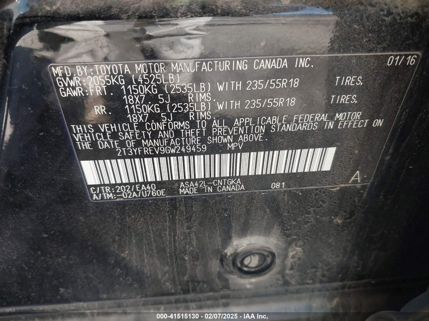 2016 TOYOTA RAV4 LIMITED - 2T3YFREV9GW249459