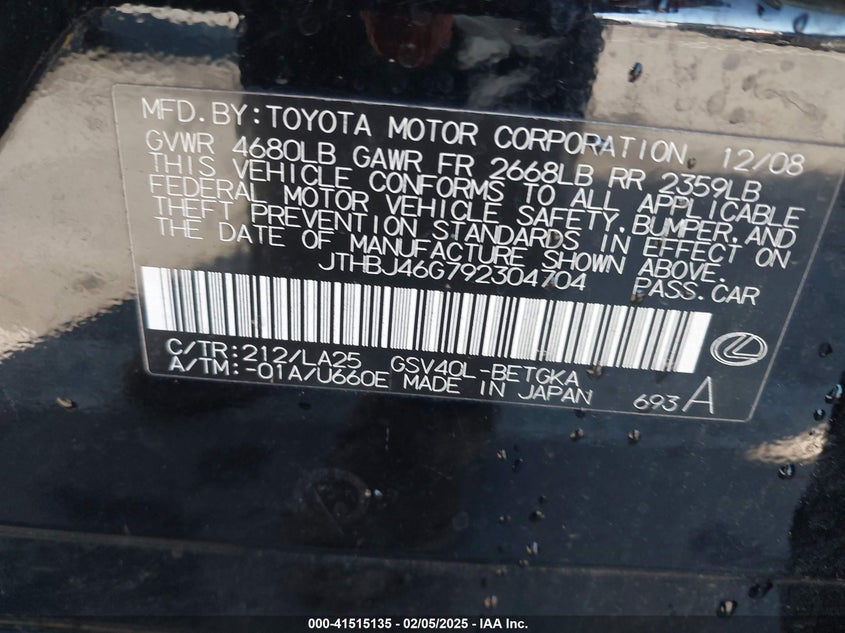 2009 LEXUS ES 350 VIN: JTHBJ46G792304704