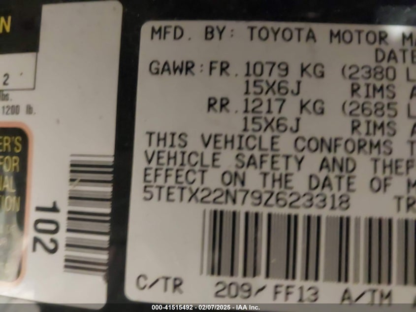 2009 TOYOTA TACOMA VIN: 5TETX22N79Z623318