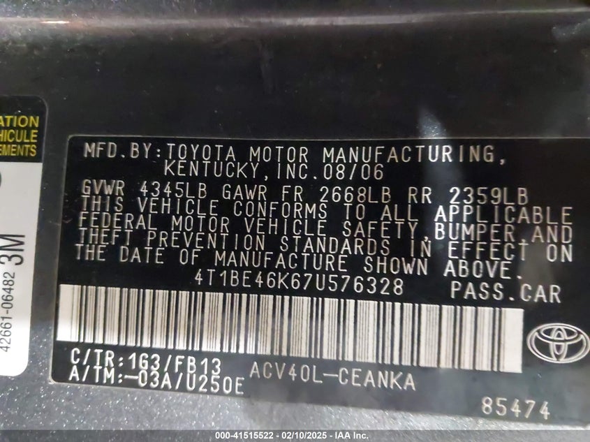 2007 TOYOTA CAMRY VIN: 4T1BE46K67U576328