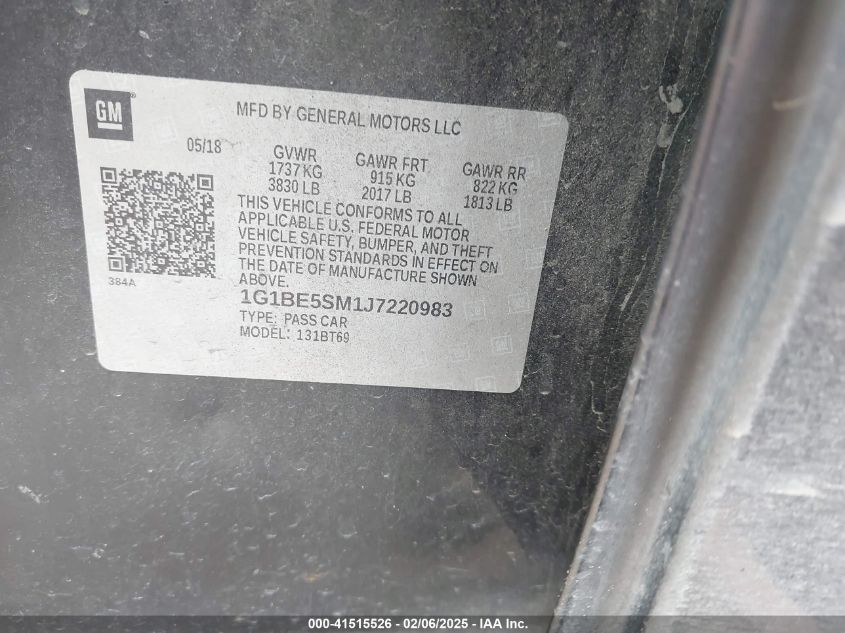 2018 Chevrolet Cruze Lt Auto VIN: 1G1BE5SM1J7220983 Lot: 41515526