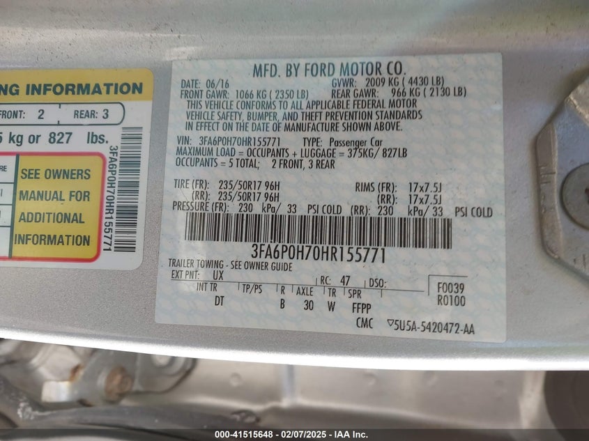 2017 FORD FUSION VIN: 3FA6P0H70HR155771