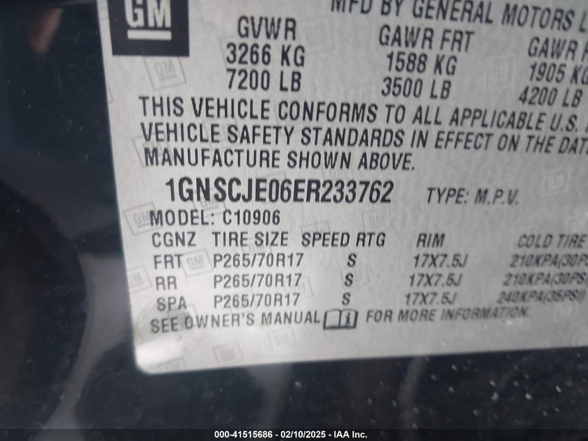 2014 CHEV SUBURBAN VIN: 1GNSCJE06ER233762