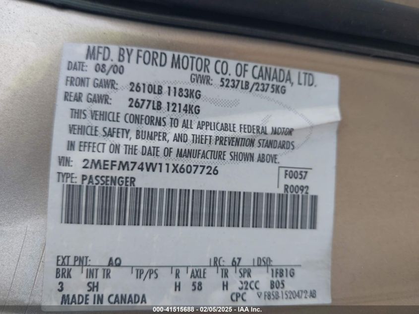 2001 Mercury Grand Marquis Gs VIN: 2MEFM74W11X607726 Lot: 41515688