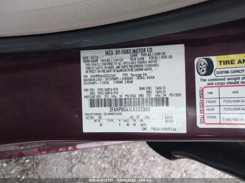 2012 FORD FUSION VIN: 3FAHP0GA5CR335360