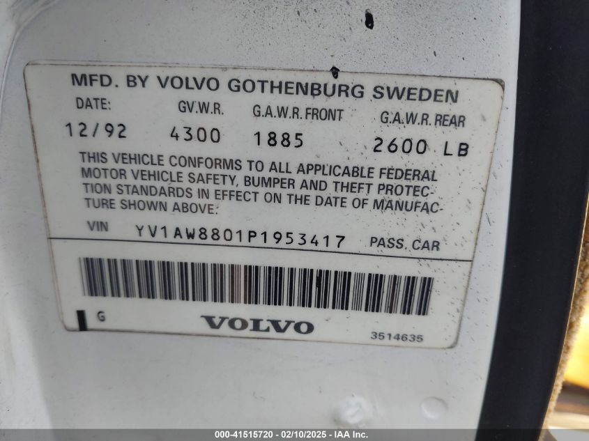 1993 Volvo 240 VIN: YV1AW8801P1953417 Lot: 41515720