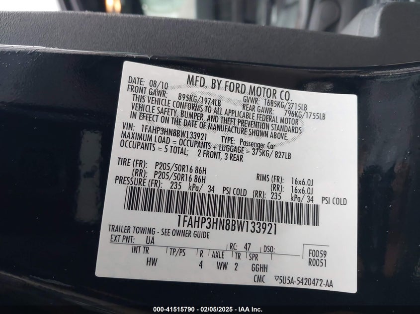2011 FORD FOCUS VIN: 1FAHP3HN8BW133921