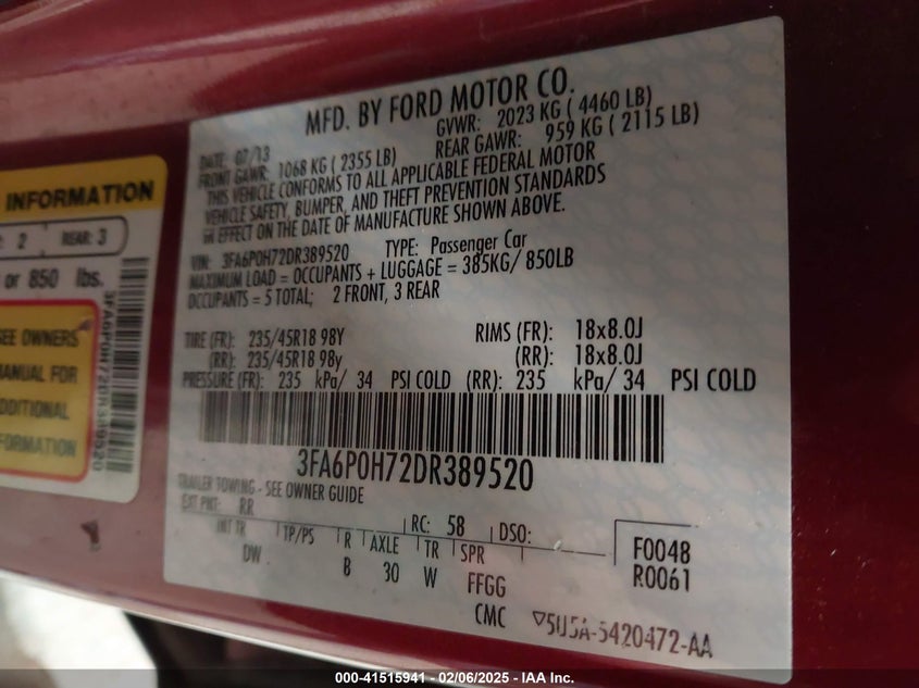 2013 FORD FUSION VIN: 3FA6P0H72DR389520