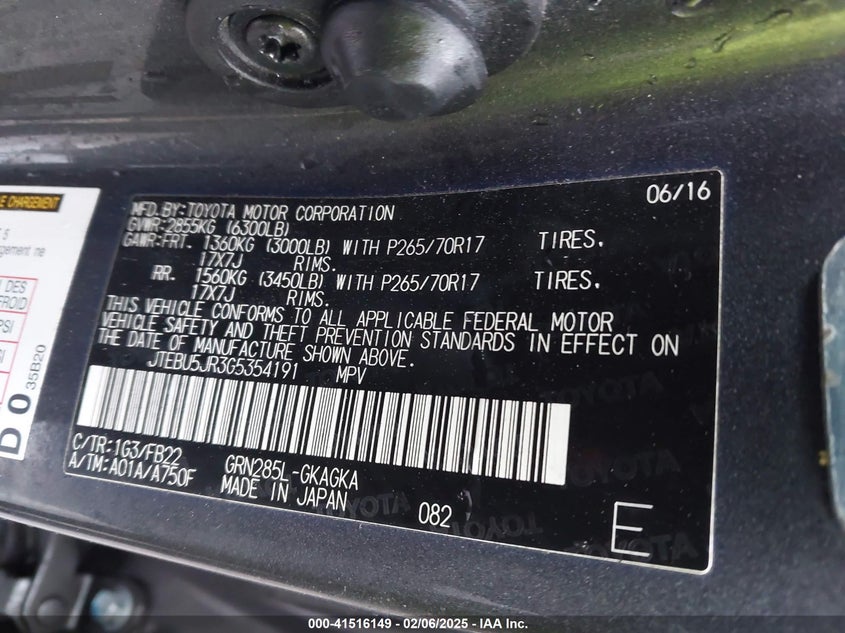 2016 Toyota 4Runner Sr5 VIN: JTEBU5JR3G5354191 Lot: 41516149