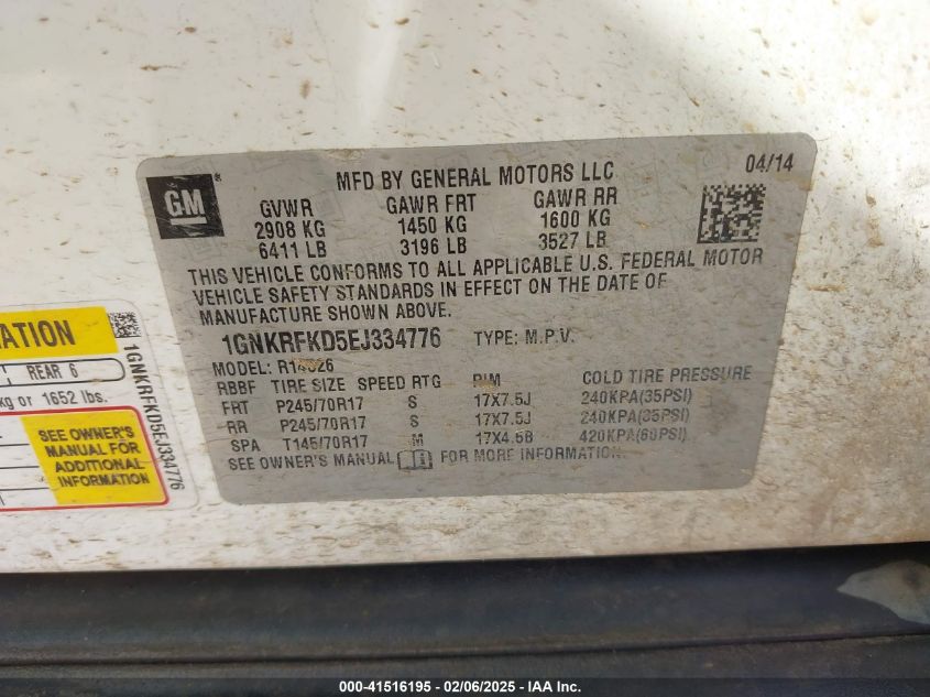 2014 Chevrolet Traverse Ls VIN: 1GNKRFKD5EJ334776 Lot: 41516195