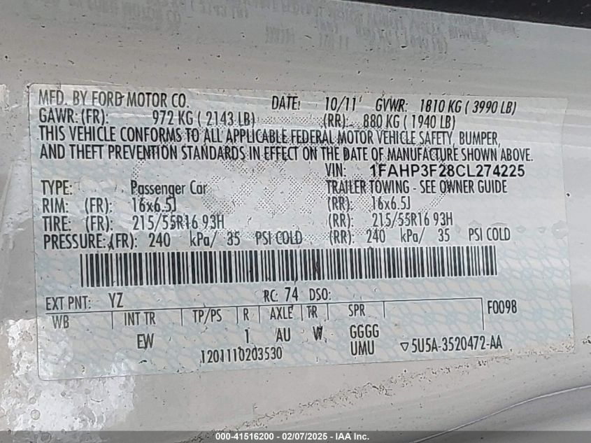 2012 Ford Focus Se VIN: 1FAHP3F28CL274225 Lot: 41516200