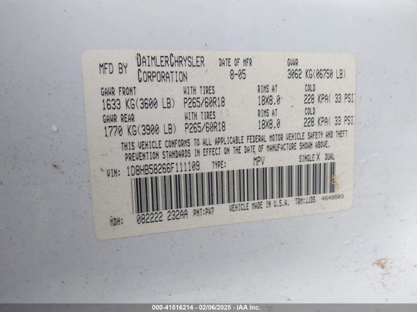 2006 Dodge Durango VIN: 1D88B58266F11109 Lot: 41516214