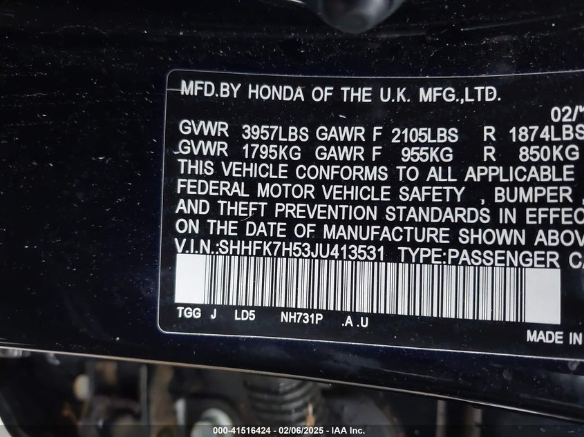 2018 HONDA CIVIC VIN: SHHFK7H53JU413531