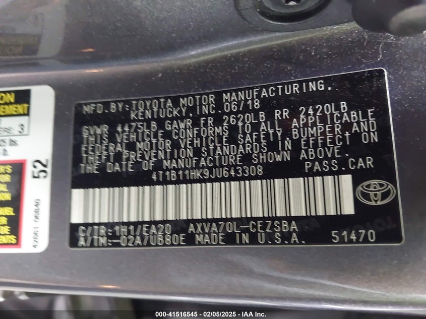 2018 TOYOTA CAMRY VIN: 4T1B11HK9JU643308