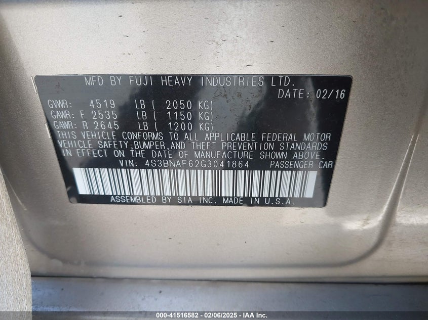2016 SUBARU LEGACY VIN: 4S3BNAF62G3041864