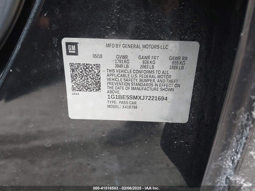 2018 CHEVROLET CRUZE VIN: 1G1BE5SMXJ7221694