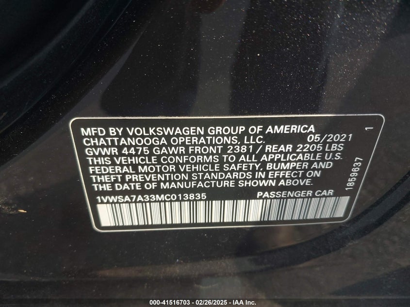 2021 VOLKSWAGEN PASSAT VIN: 1VWSA7A33MC013835