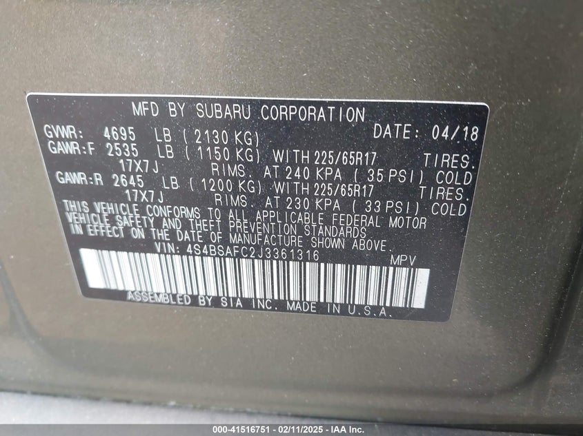 2018 SUBARU OUTBACK 2.5I PREMIUM - 4S4BSAFC2J3361316