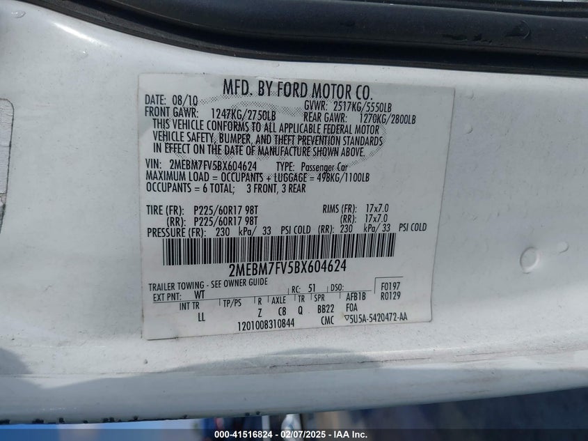 2011 MERCURY GRAND MARQUIS VIN: 2MEBM7FV5BX604624