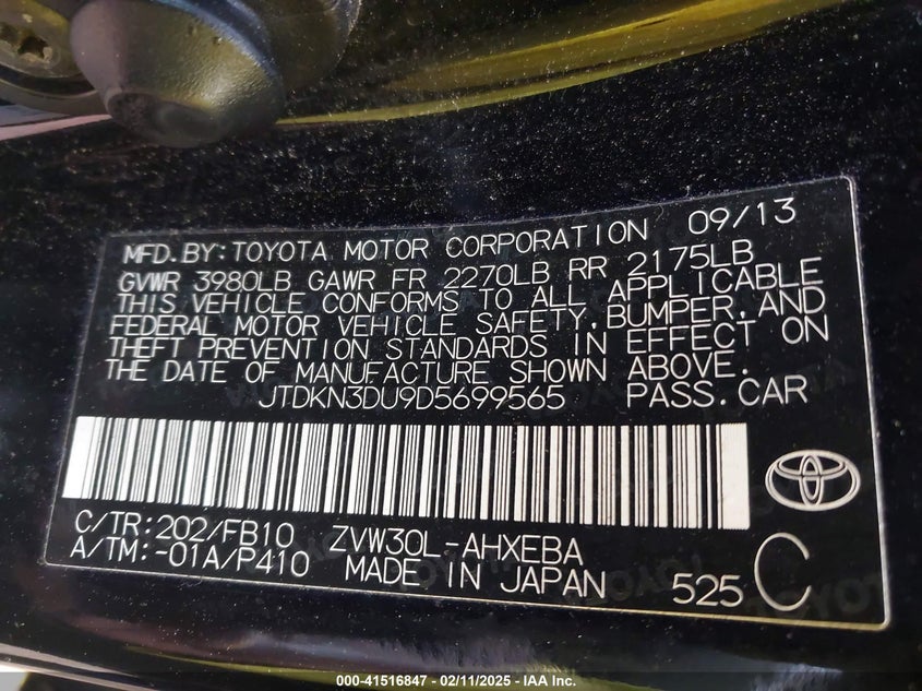 2013 TOYOTA PRIUS VIN: JTDKN3DU9D5699565