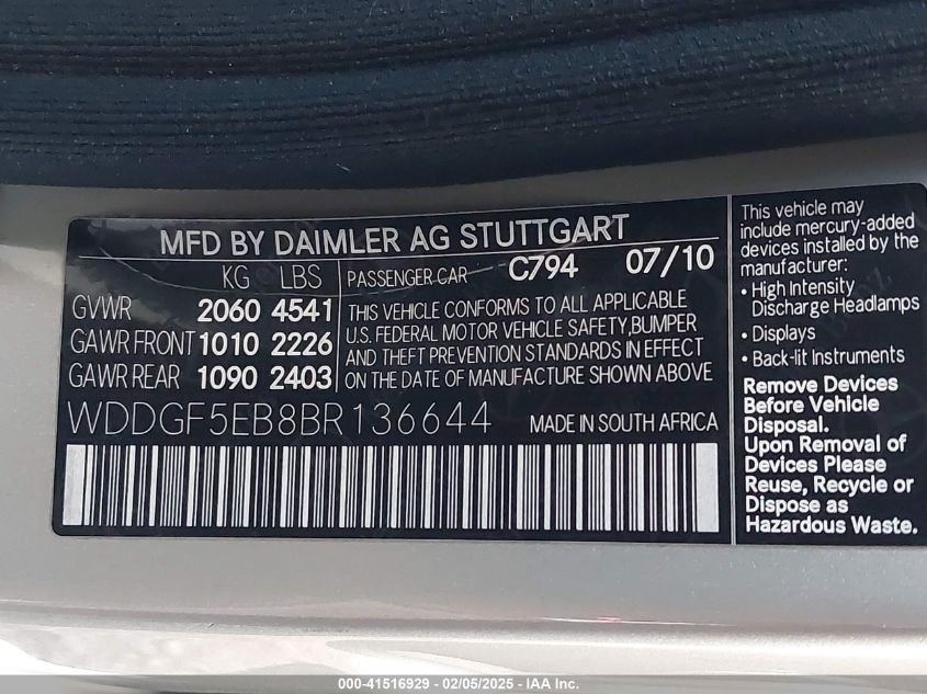 2011 Mercedes-Benz C 300 Luxury/Sport VIN: WDDGF5EB8BR136644 Lot: 41516929