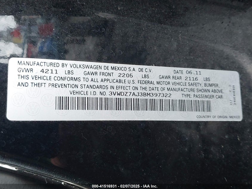 2011 VOLKSWAGEN JETTA VIN: 3VWDZ7AJ3BM397322