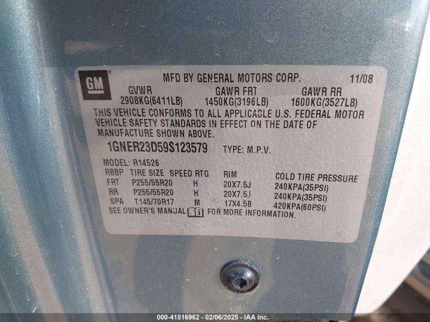 2009 Chevrolet Traverse Lt VIN: 1GNER23D59S123579 Lot: 41516962