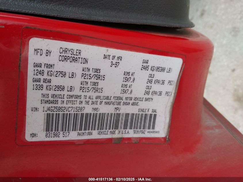 1997 Jeep Cherokee VIN: 1J4GZ58SVC715207 Lot: 41517136