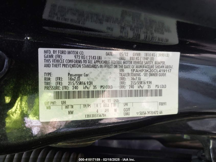 2012 Ford Focus Se VIN: 1FAHP3K20CL419117 Lot: 41517159