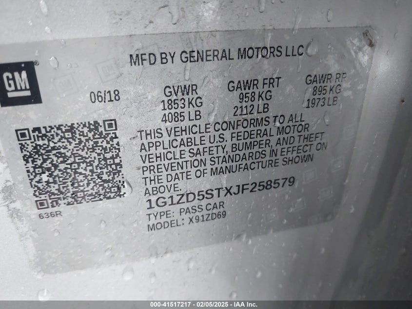 2018 CHEVROLET MALIBU VIN: 1G1ZD5STXJF258579