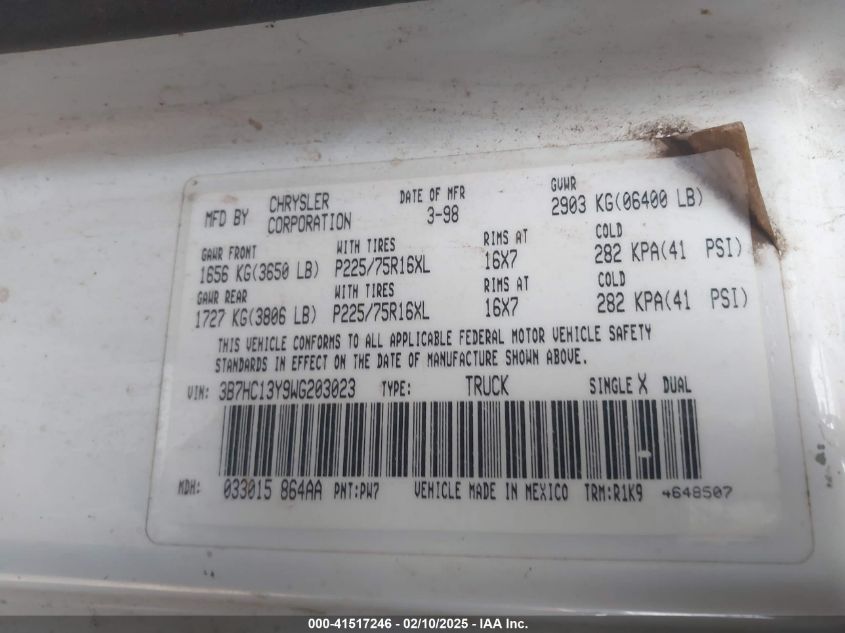 1998 Dodge Ram 1500 St VIN: 3B7HC13Y9WG203023 Lot: 41517246