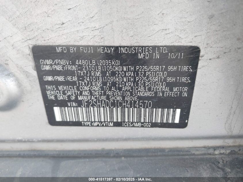 2012 Subaru Forester 2.5X Premium VIN: JF2SHADC1CH414570 Lot: 41517397