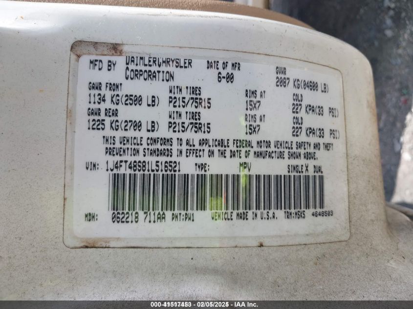 2001 Jeep Cherokee Sport VIN: 1J4FT48S81L516521 Lot: 41517453