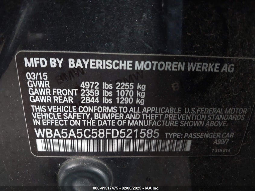 2015 BMW 528I VIN: WBA5A5C58FD521585