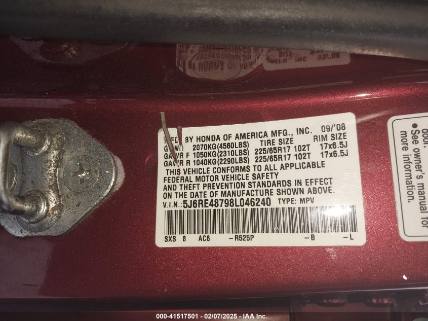 2008 Honda Cr-V Ex-L VIN: 5J6RE48798L046240 Lot: 41517501