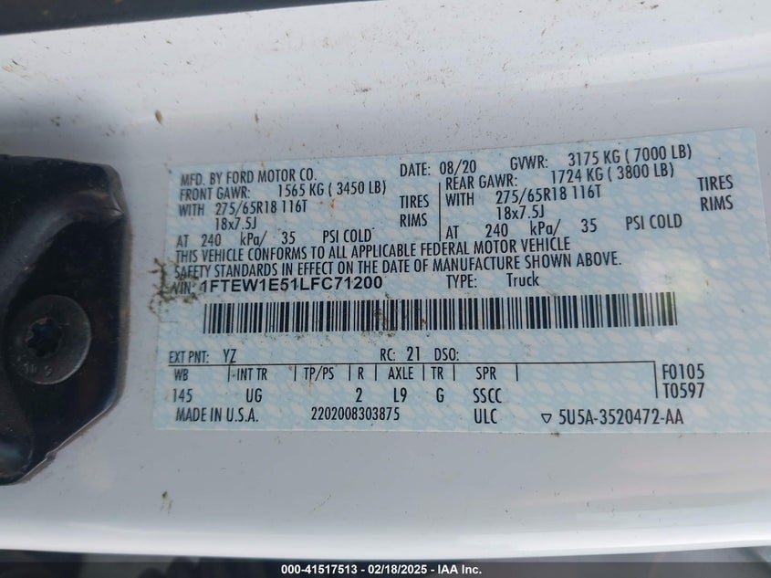 2020 FORD F-150 XLT SUPERCREW VIN: 1FTEW1E51LFC71200