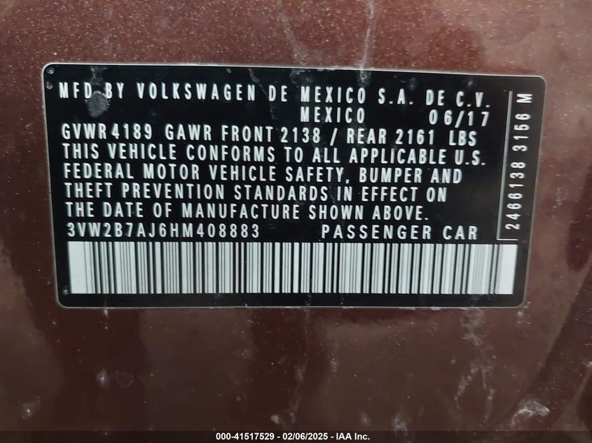 2017 VOLKSWAGEN JETTA VIN: 3VW2B7AJ6HM408883