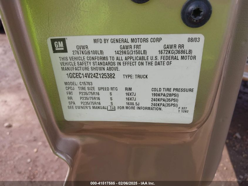 2004 Chevrolet Silverado 1500 Ls/Work Truck VIN: 1GCEC14V24E125382 Lot: 41517585