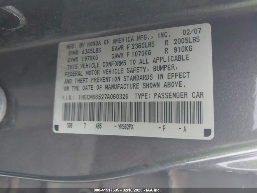 2007 HONDA ACCORD VIN: 1HGCM66527A060326