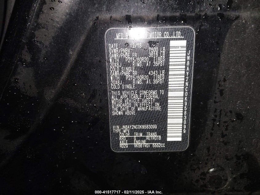 2019 Nissan Armada Platinum VIN: JN8AY2NC0K9583099 Lot: 41517717