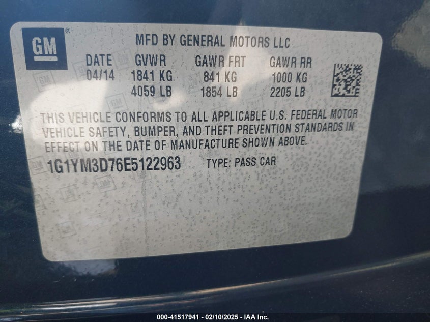 2014 CHEVROLET CORVETTE STINGRAY VIN: 1G1YM3D76E5122963