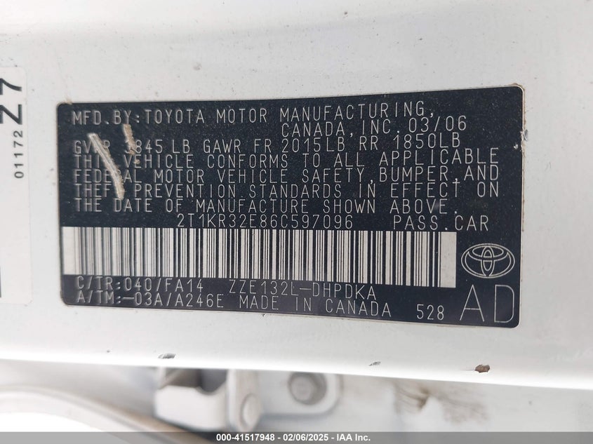 2006 TOYOTA MATRIX VIN: 2T1KR32E86C597096
