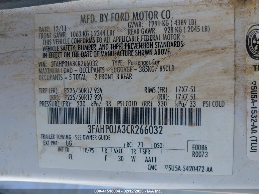 2012 FORD FUSION VIN: 3FAHP0JA3CR266032